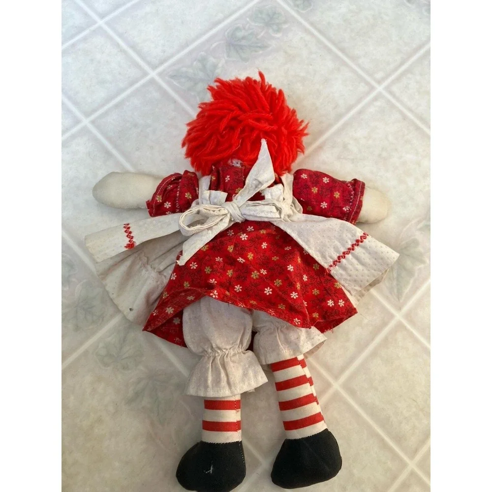 Raggedy Ann Doll Vintage 1970s Handmade Embroidered Face Red Heart Dress 11